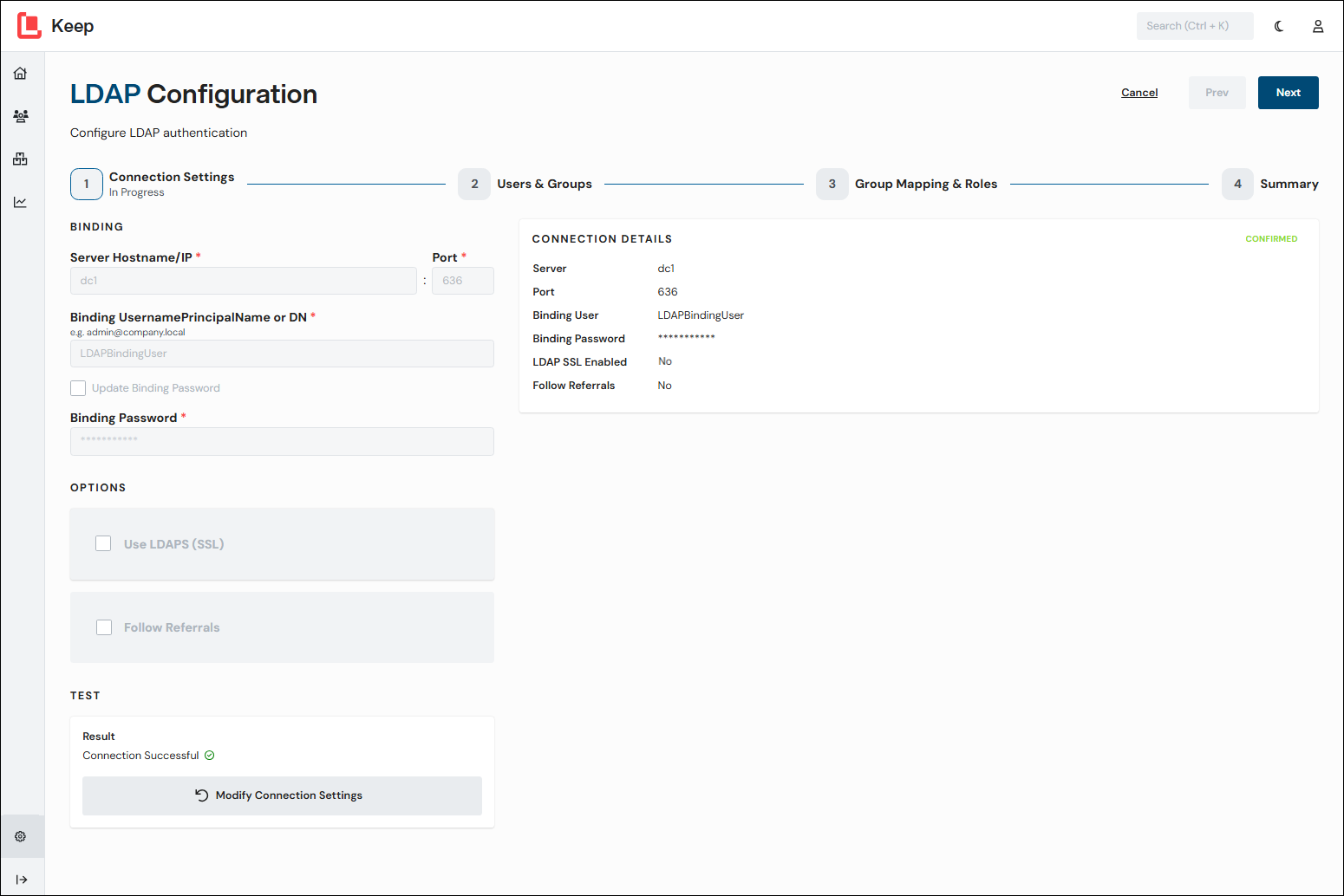 The LDAP Configuration after successfully testing connection details.